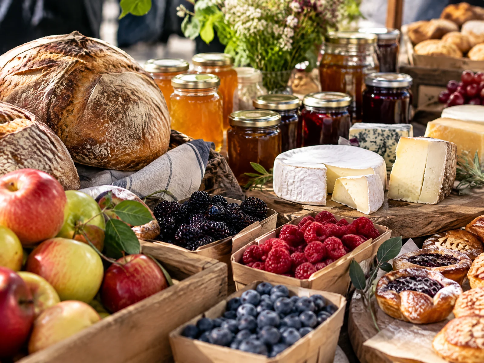 Tasmanian bread, berries, apples, preserves, honey and artisan cheese at a local market